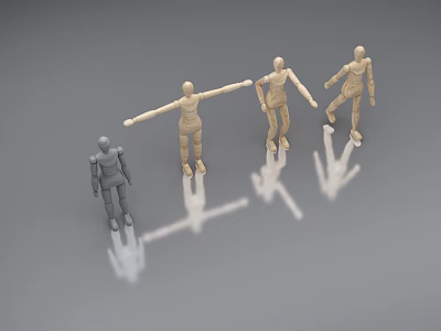 Wooden And Grey Dolls Holding Hands Forming A Circle With Reflections 3d model