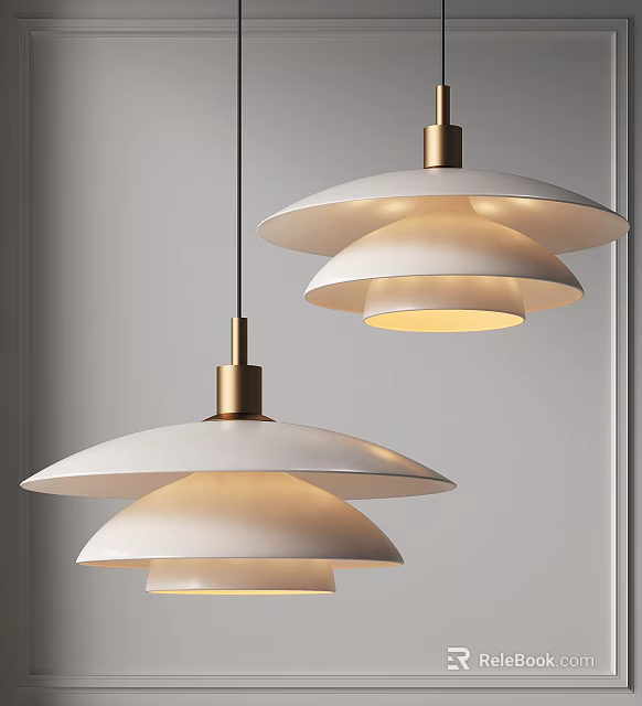 Modern Layered Pendant Chandeliers with White Shades and Golden Metal for Interior Decoration 3d model 