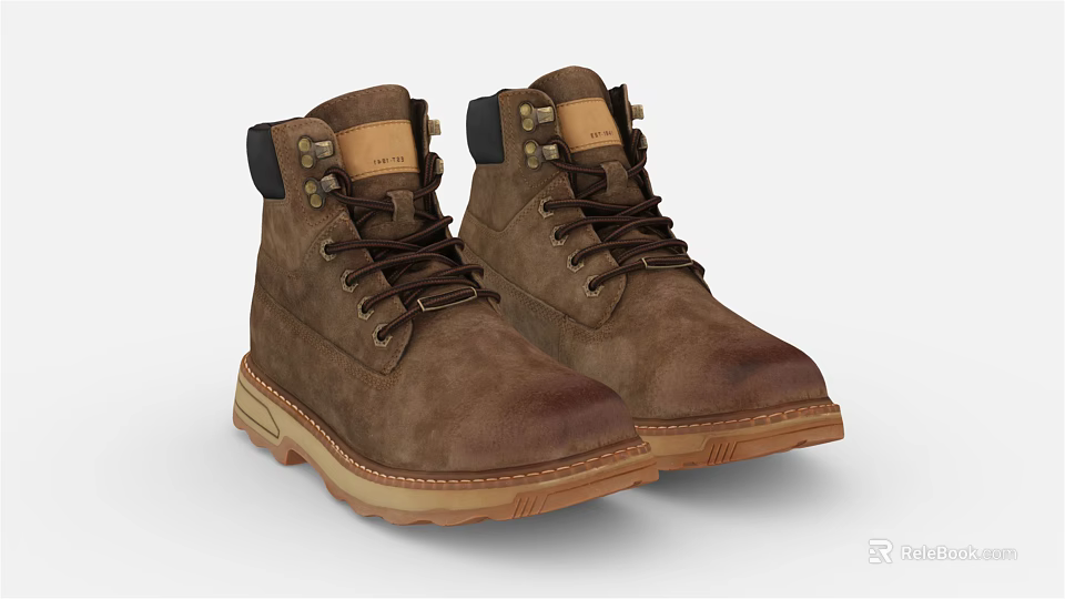 Brown Leather Work Boots with Lace Up Design Thick Sole and Sturdy Toe 3d model