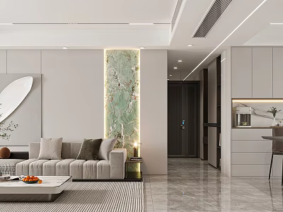 Modern Living and Dining Room Interior With Light Sofa Coffee Table Green Decorative Wall And Marble Floor 3d model