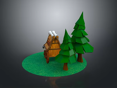 3D Model Scene With Wooden Cabin Green Pine Trees Snowy Roof And Grassy Ground 3d model