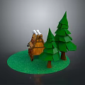 3D Model Scene With Wooden Cabin Green Pine Trees Snowy Roof And Grassy Ground