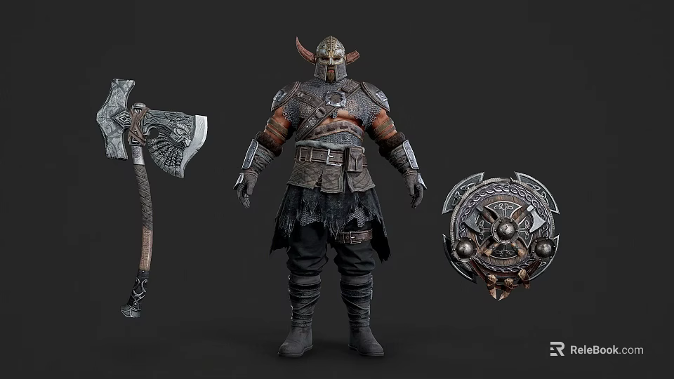 Viking Style Armored Warrior Game Character With Battle Axe And Shield 3d model 