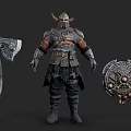 Viking Style Armored Warrior Game Character With Battle Axe And Shield