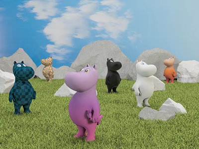 Cartoon Scene With Colorful Hippos On Green Grass Blue Sky And Gray Rocks 3d model