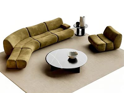 Modern Curved Sofa and Coffee Table Set With Round Marble Top and Accent Chair 3d model