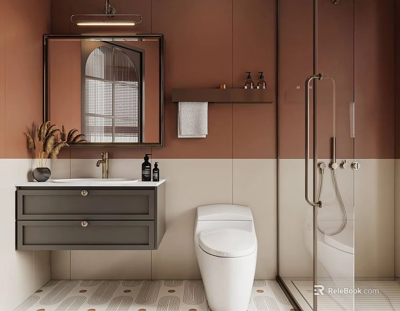 Modern Bathroom Interior With Wall Mounted Gray Vanity White Toilet And Glass Shower 3d model 