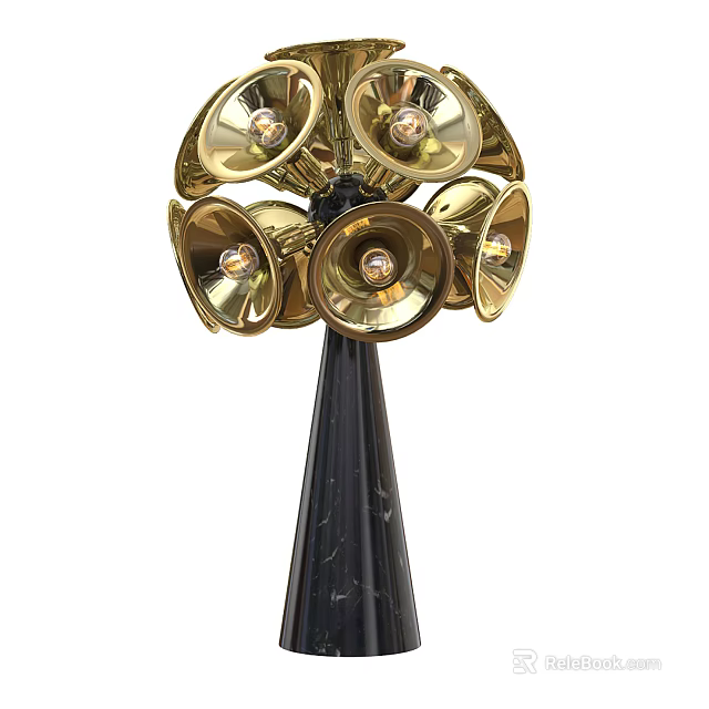 Golden Table Lamp With Multiple Bell Shaped Shades And Black Marble Base 3d model 