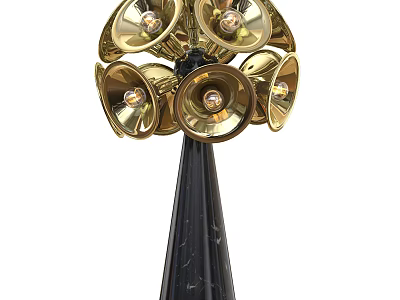 Golden Table Lamp With Multiple Bell Shaped Shades And Black Marble Base 3d model