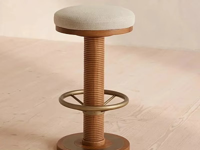 Wooden Bar Stool With Beige Padded Seat And Spiral Base Metal Footrest Ring 3d model
