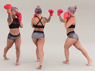 Woman With Purple Hair Red Boxing Gloves Sports Bra Shorts And Tattoos In Different Poses 3d model