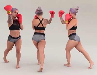 Woman With Purple Hair Red Boxing Gloves Sports Bra Shorts And Tattoos In Different Poses 3d model