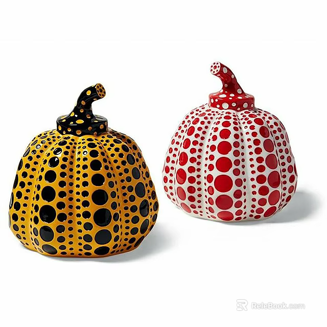 Pumpkin Shaped Decorative Ornament Set with Yellow Black and Red White Polka Dot Patterns for Home Decor 3d model 