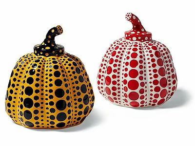 Pumpkin Shaped Decorative Ornament Set with Yellow Black and Red White Polka Dot Patterns for Home Decor 3d model