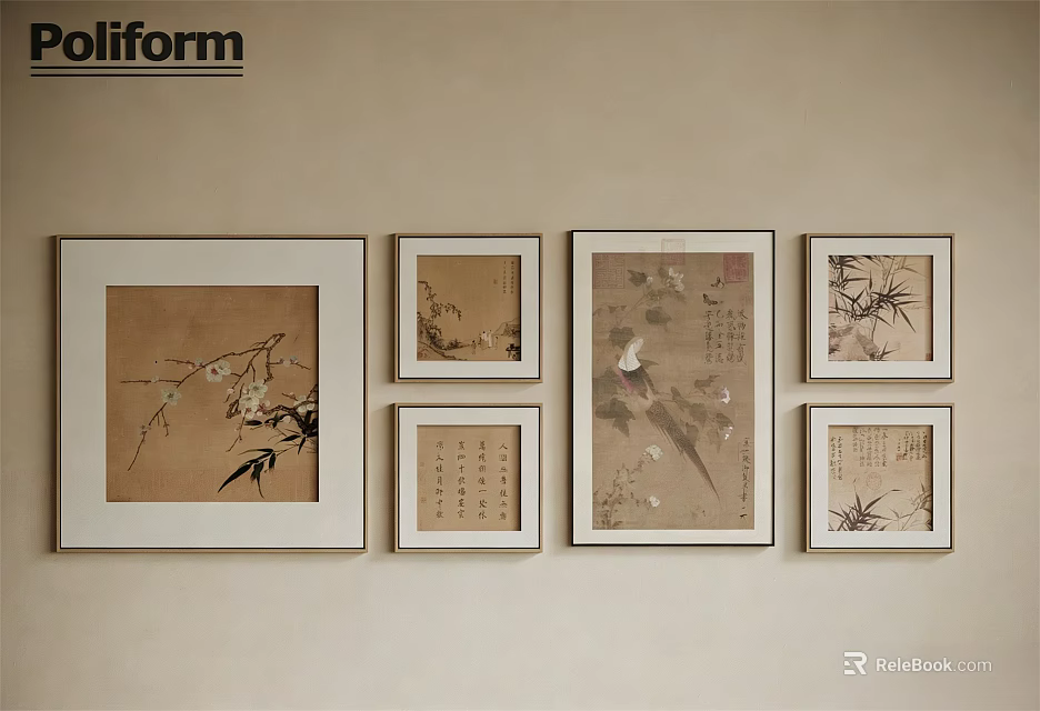 Poliform Wall Decor With Chinese Style Framed Paintings And Calligraphy Art 3d model 