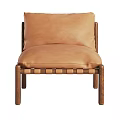 Modern Brown Leather Accent Chair With Wooden Frame And Woven Backrest Details