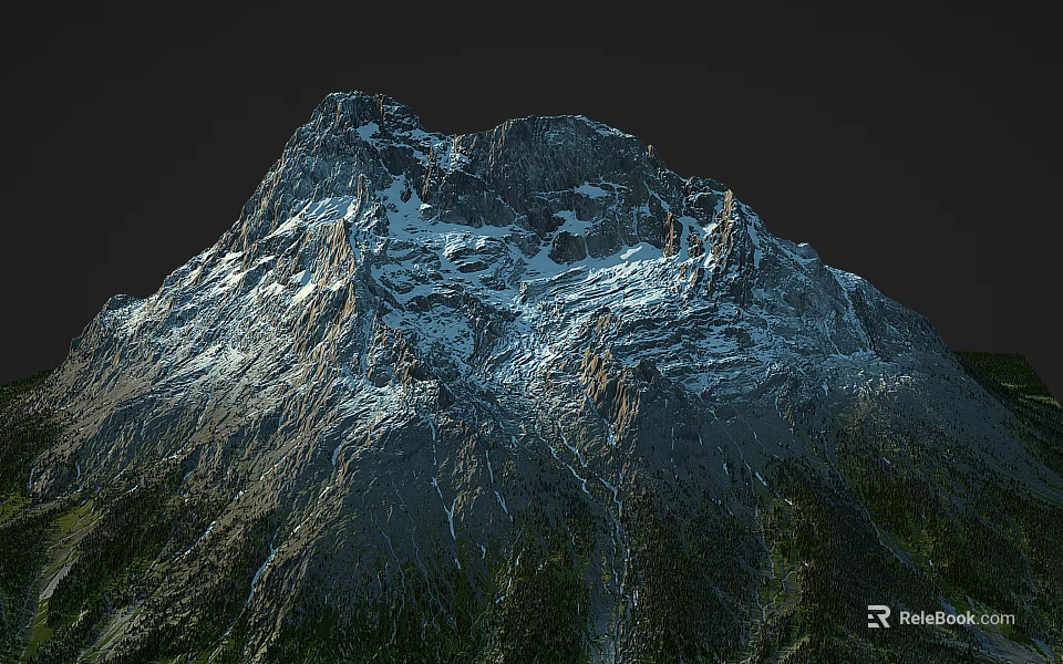 Scenic Snowy Mountain With Rocky Peaks And Lush Green Vegetation 3d model 