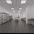 Commercial Kitchen With Stainless Steel Equipment White Walls Ceiling Lights Windows And Central Workbench