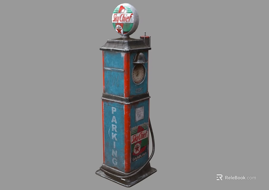 Vintage Texaco Gas Pump With Blue Red Body And Parking Sign Details 3d model 