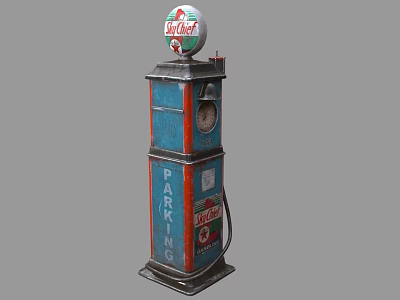 Vintage Texaco Gas Pump With Blue Red Body And Parking Sign Details 3d model