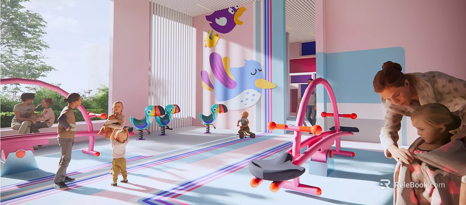 Vibrant Garden Decor With Colorful Bird Figures And Pink Exercise Gear In Children Play Area 3d model 
