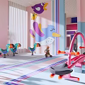 Vibrant Garden Decor With Colorful Bird Figures And Pink Exercise Gear In Children Play Area