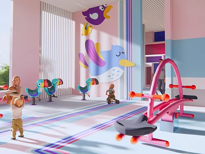 Vibrant Garden Decor With Colorful Bird Figures And Pink Exercise Gear In Children Play Area 3d model