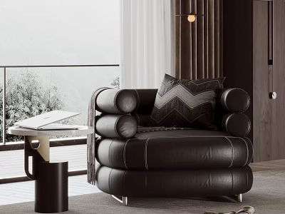 Black Leather Armchair With Patterned Pillow By Large Window With Green Plants And Side Table 3d model