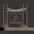 Canopy Structure With Copper Pillars Tables Chairs And Decorative Items On Platform