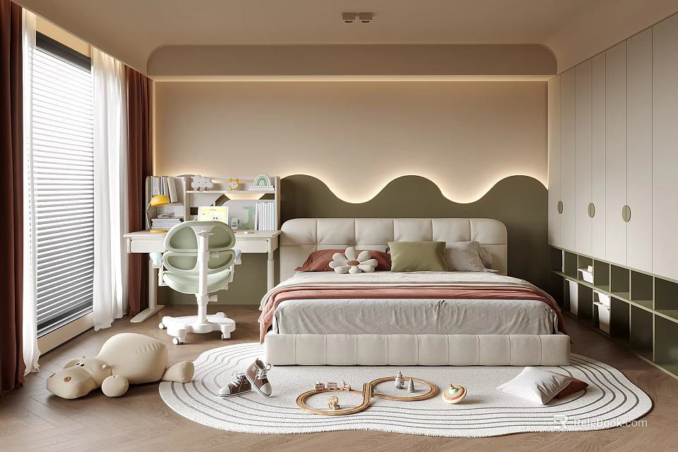 Kids Room Interior Design With Bed Desk Chair Stuffed Toys Round Rug And Window Blinds 3d model 