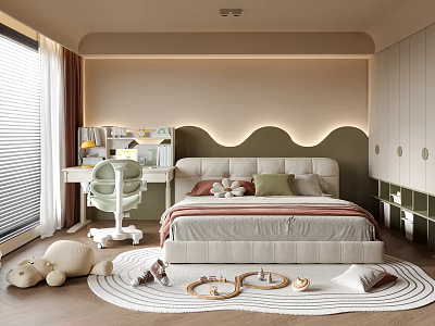 Kids Room Interior Design With Bed Desk Chair Stuffed Toys Round Rug And Window Blinds 3d model