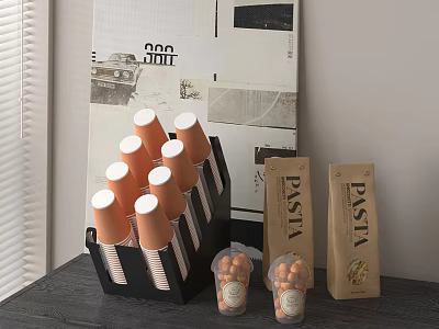Black Cup Holder Holding Orange Paper Cups PASTA Bags And Plastic Cups With Orange Balls 3d model