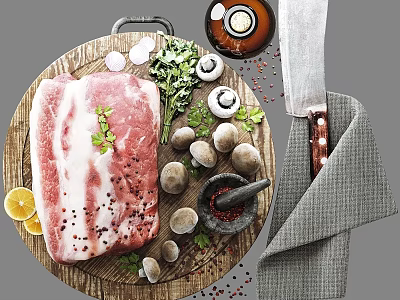 Fresh Pork On Wooden Cutting Board With Mushrooms Fresh Parsley Lemon Slices Peppercorns And Spices 3d model