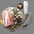 Fresh Pork On Wooden Cutting Board With Mushrooms Fresh Parsley Lemon Slices Peppercorns And Spices