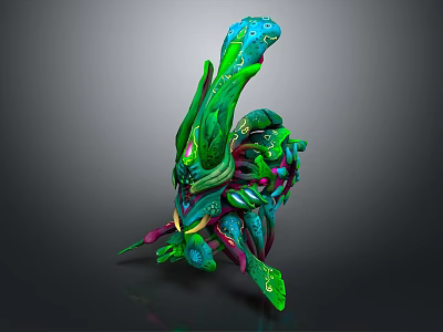 Abstract Organic Sculpture With Vibrant Green Blue Purple Curved Swirling Forms And Glossy Texture 3d model