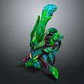 Abstract Organic Sculpture With Vibrant Green Blue Purple Curved Swirling Forms And Glossy Texture