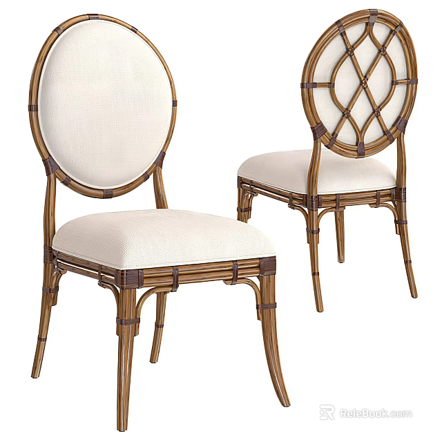 Rattan Dining Chairs With White Cushioned Seats And Round Geometric Backrest 3d model 