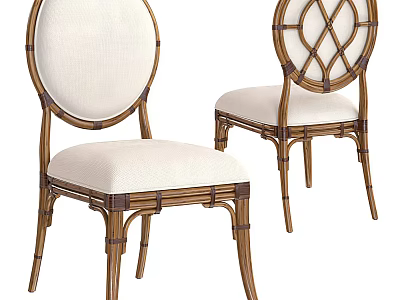 Rattan Dining Chairs With White Cushioned Seats And Round Geometric Backrest 3d model