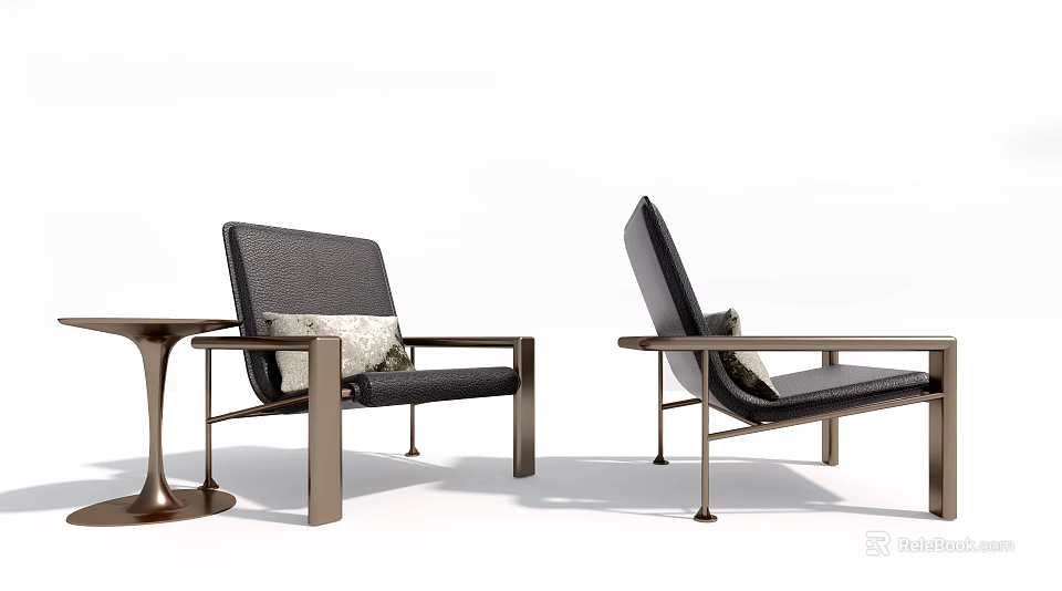 Modern Single Chair With Upholstered Seat Metal Frame Accent Pillow And Side Table 3d model 