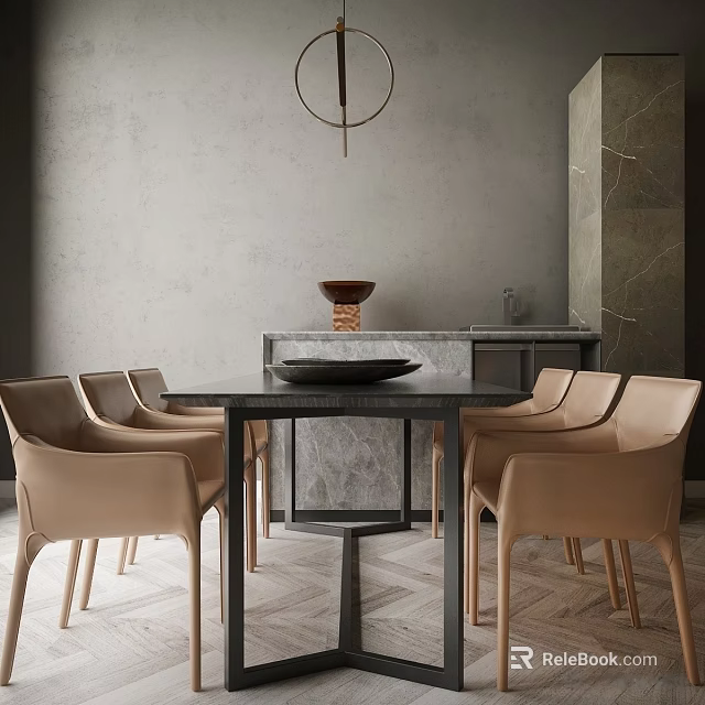 Modern Dining Table Set With Black Table Beige Chairs And Marble Counter In Gray Interior 3d model 