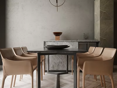 Modern Dining Table Set With Black Table Beige Chairs And Marble Counter In Gray Interior 3d model