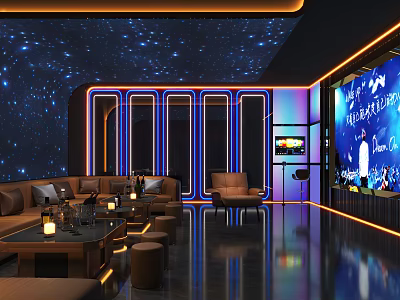 Modern Luxurious KTV Lounge With Starry Ceiling Blue Lighting Sofas Glass Partitions And TV Screen 3d model