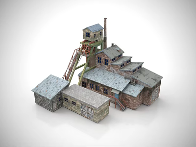 Cartoon Style Industrial Buildings Scene With Multiple Structures Different Roofs Chimney And Staircase 3d model