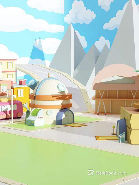 Cartoon Scene With Colorful Buildings Dome Structure Arched Door Mountains Blue Sky And White Clouds 3d model 
