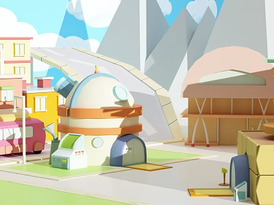 Cartoon Scene With Colorful Buildings Dome Structure Arched Door Mountains Blue Sky And White Clouds 3d model