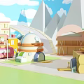 Cartoon Scene With Colorful Buildings Dome Structure Arched Door Mountains Blue Sky And White Clouds
