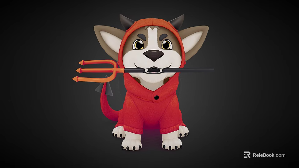 Cartoon Dog In Red Hoodie With Devil Horns Trident And Tail On Dark Background 3d model 