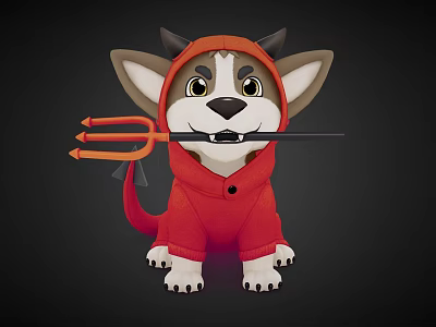 Cartoon Dog In Red Hoodie With Devil Horns Trident And Tail On Dark Background 3d model