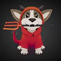 Cartoon Dog In Red Hoodie With Devil Horns Trident And Tail On Dark Background