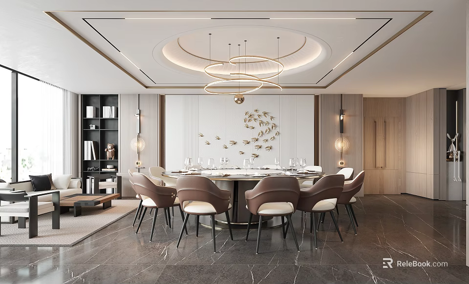 Modern Private Room Interior Design With Round Dining Table Luxury Chandeliers And Decorative Walls 3d model 